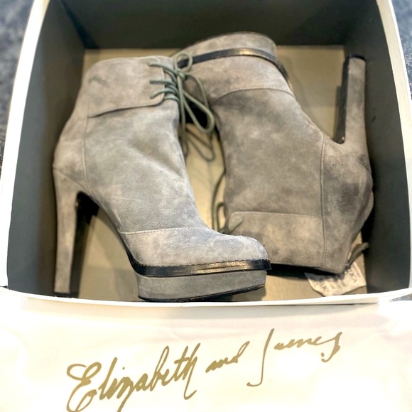 Elizabeth & James Suede Heather grey and black trim high Heel boots lace up  top - Picture 15 of 15